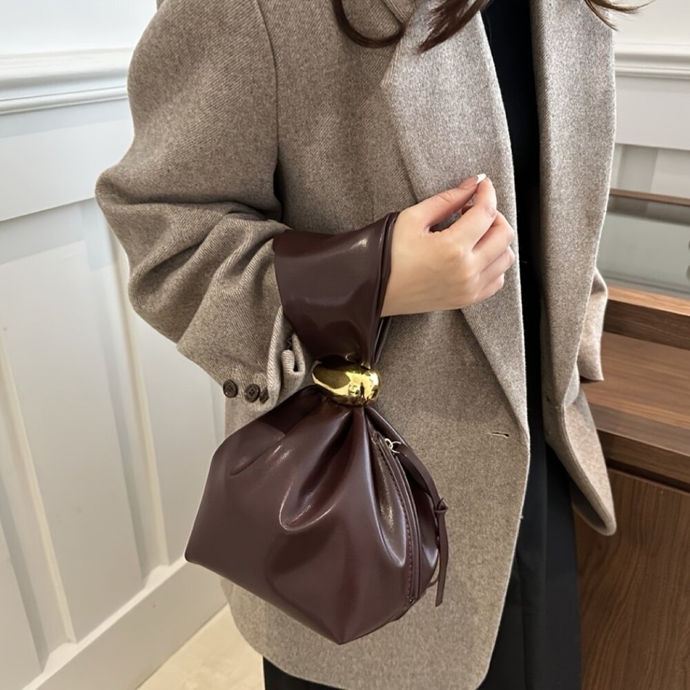 Burgundy Bucket Bag Faux Leather Handbag with Unique Folded Cloud Design